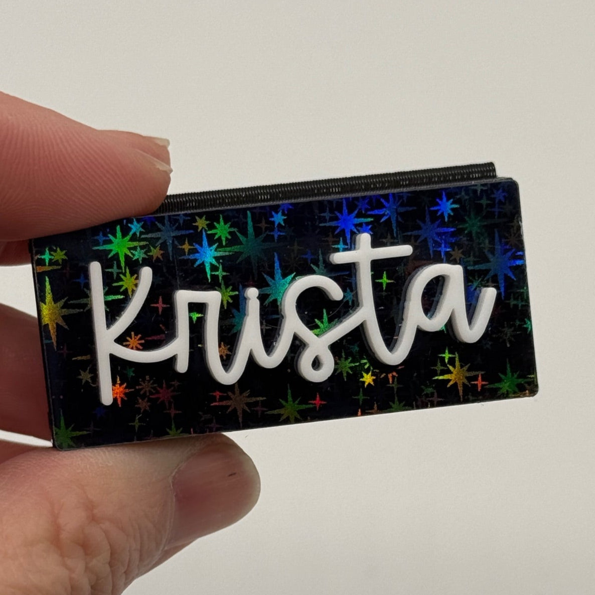 Irridescent Stars on Black tumbler name tag