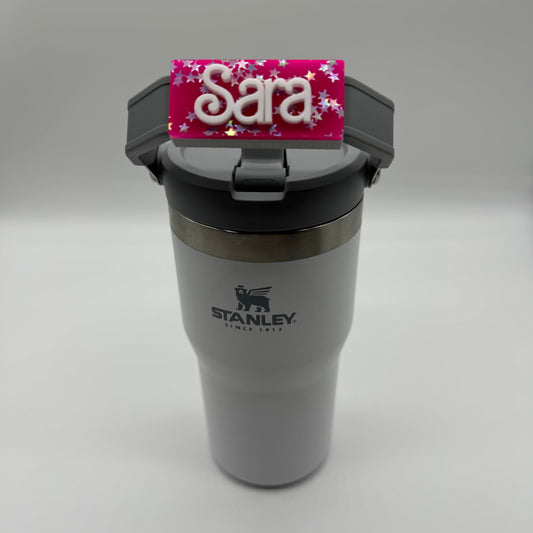 Hot Pink Holo Stars Handled Tumbler Name Tag