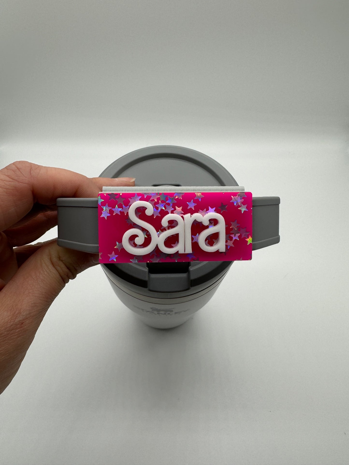 Hot Pink Holo Stars Handled Tumbler Name Tag