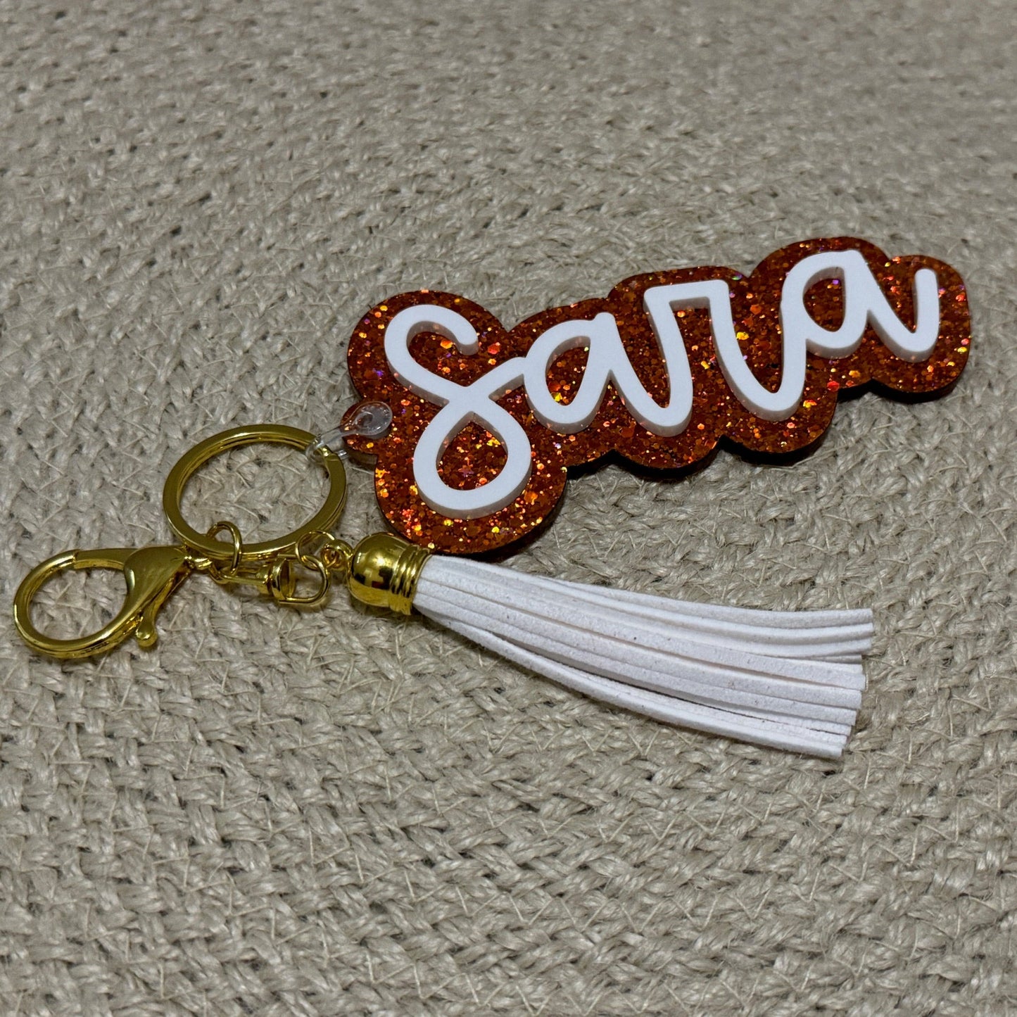 Orange Glitter Script Keychain/Bag Tag