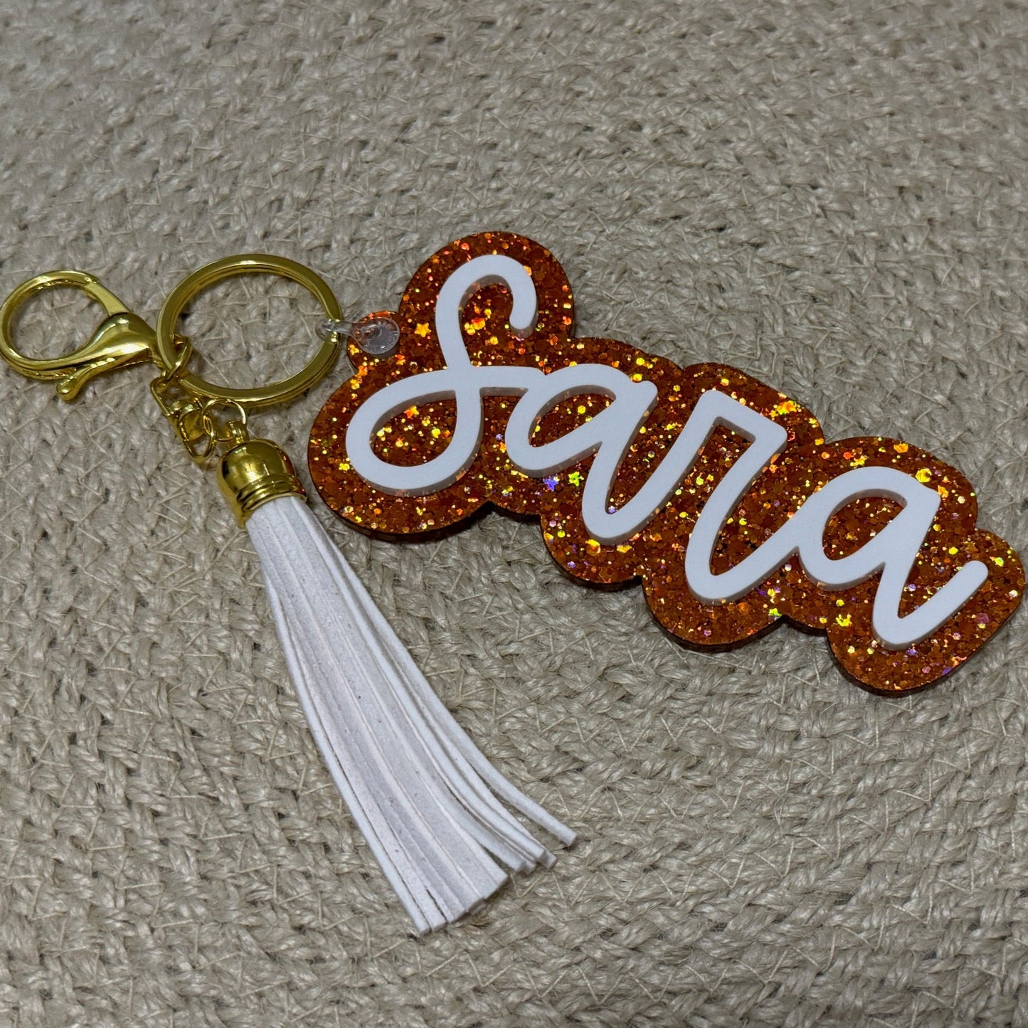 Orange Glitter Script Keychain/Bag Tag