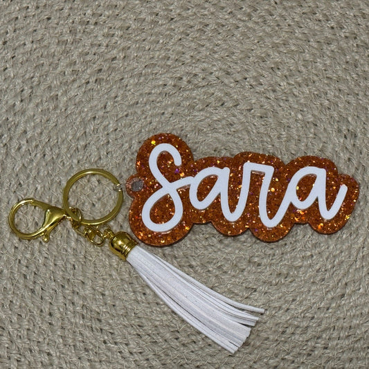 Orange Glitter Script Keychain/Bag Tag