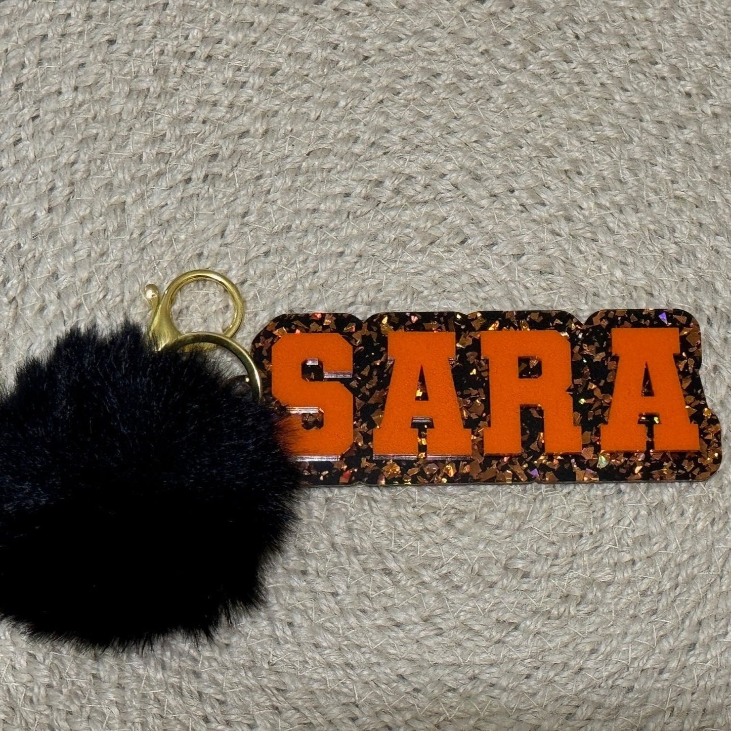 Black and Orange Chunky Glitter keychain / bag tag