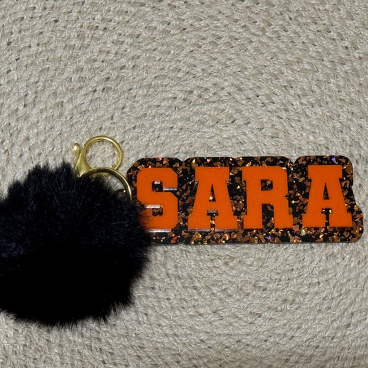 Black and Orange Chunky Glitter keychain / bag tag