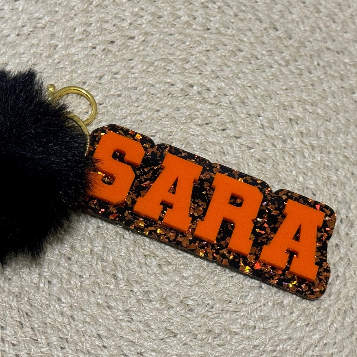 Black and Orange Chunky Glitter keychain / bag tag