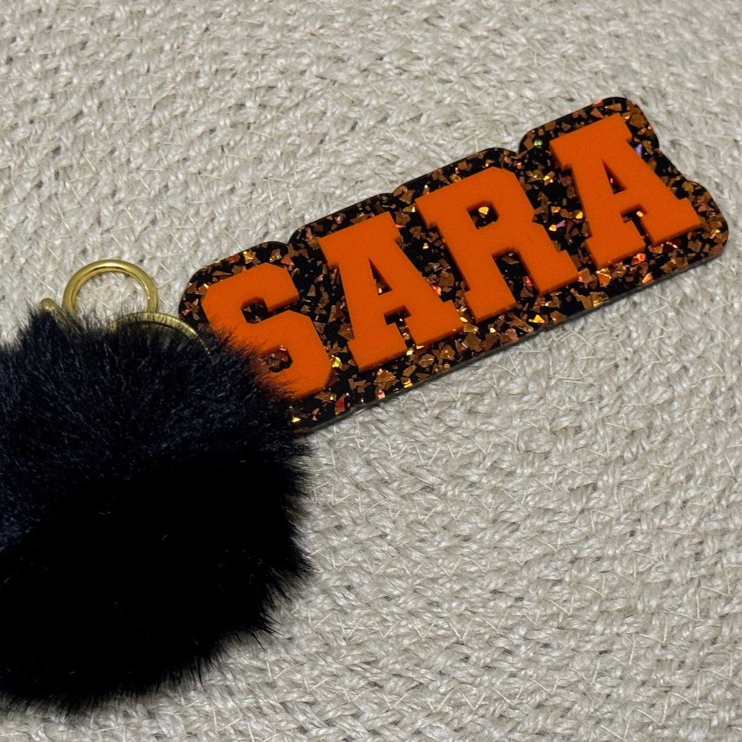 Black and Orange Chunky Glitter keychain / bag tag