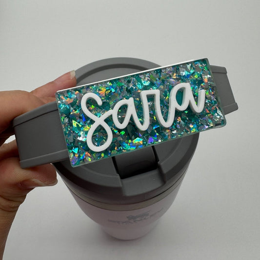 Chunky Aqua Confetti tumbler name tag